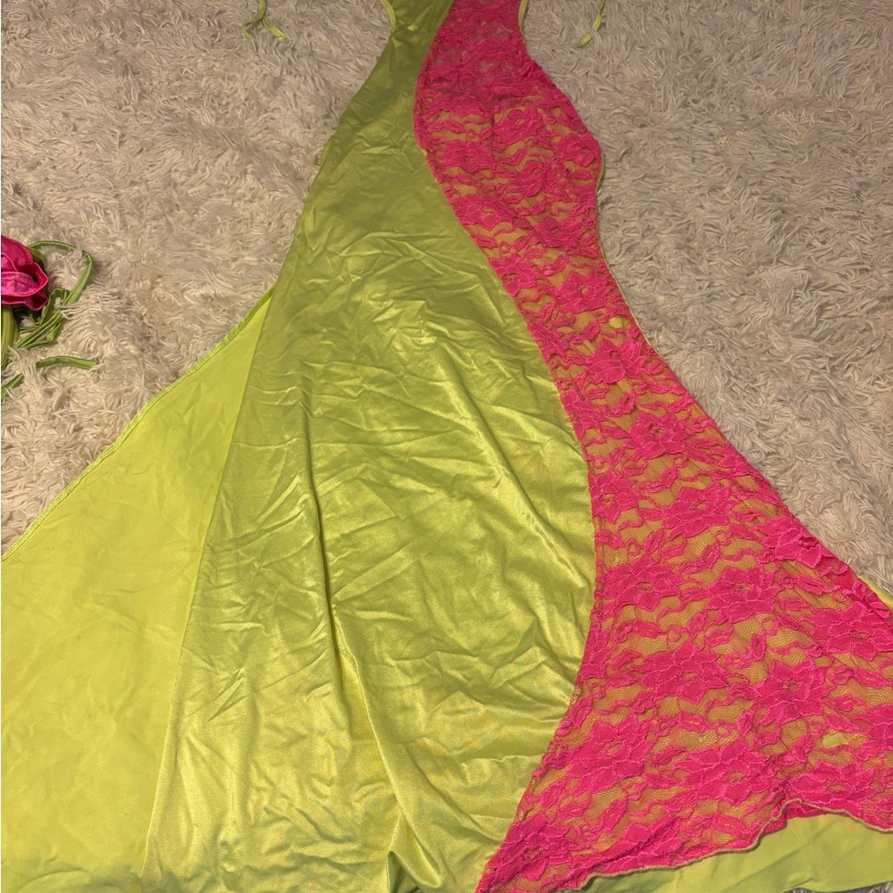 Elegant Pink and Green Lace Dress